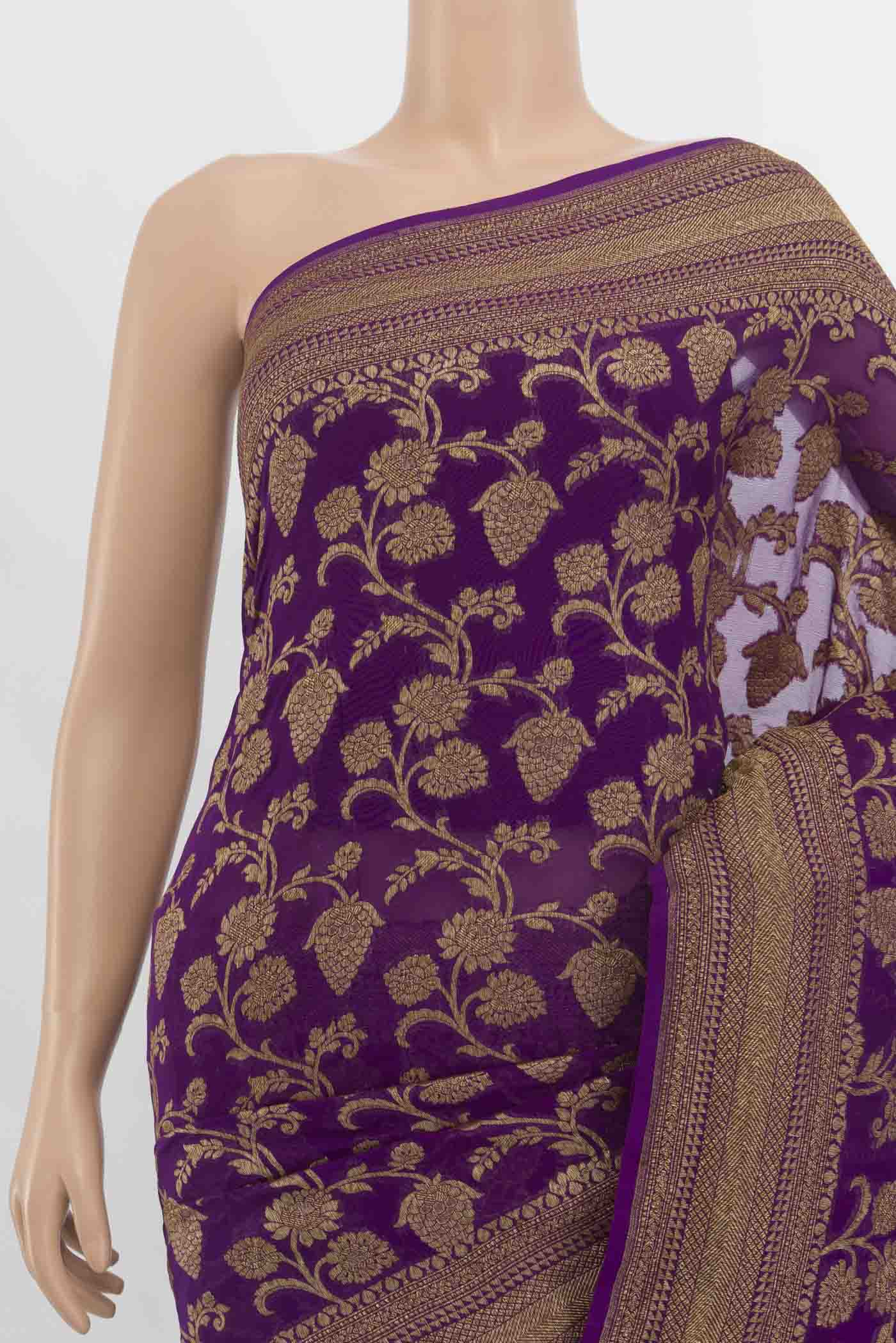 Border image of Purple Banarasi Georgette Saree with Zari Butta on the body and Zari Border. 