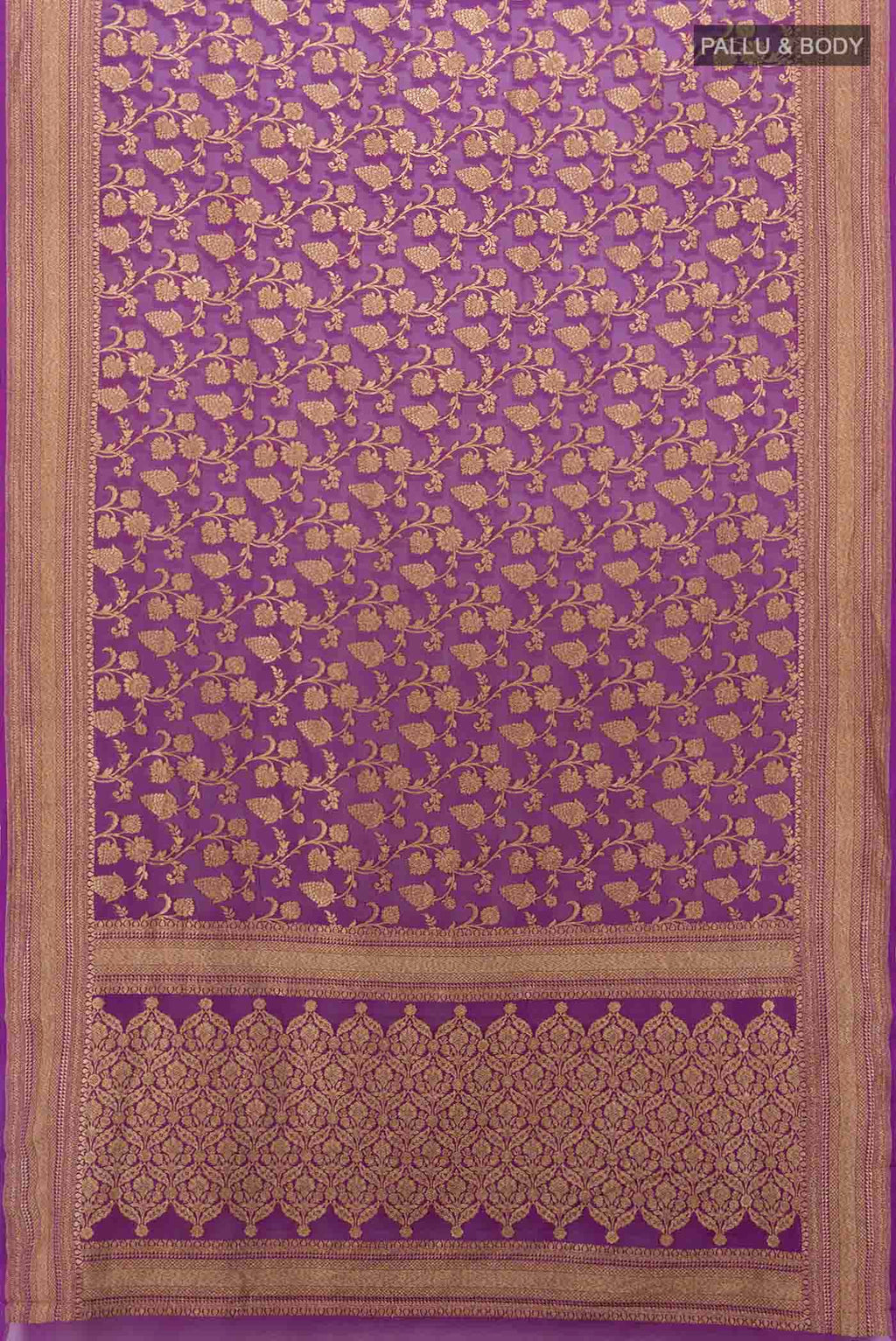 Flat view of Purple Banarasi Georgette Saree with Zari Butta on the body and Zari Border. 