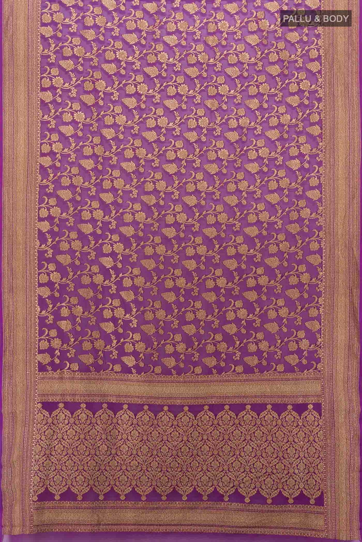 Flat view of Purple Banarasi Georgette Saree with Zari Butta on the body and Zari Border. 