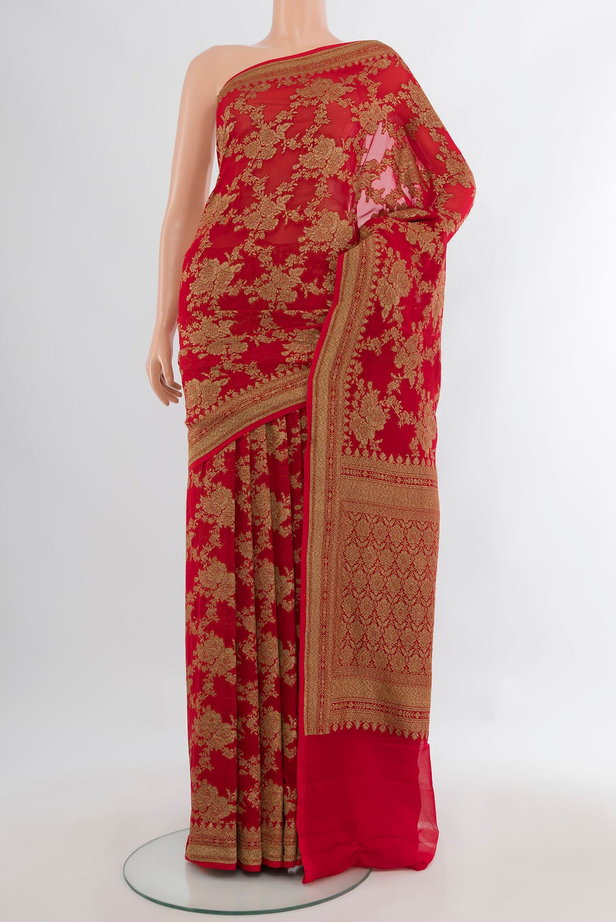 Red Banarasi Georgette Saree with Zari Brocade on the body and Zari Border.  displayed on a mannequin