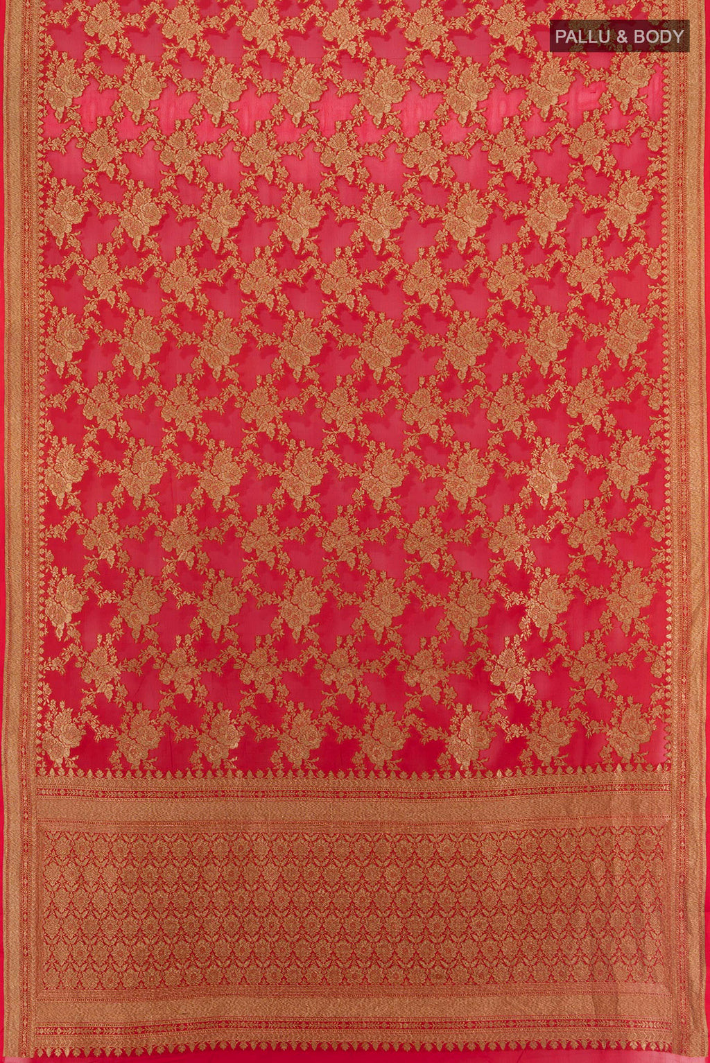 Flat view of Red Banarasi Georgette Saree with Zari Brocade on the body and Zari Border. 