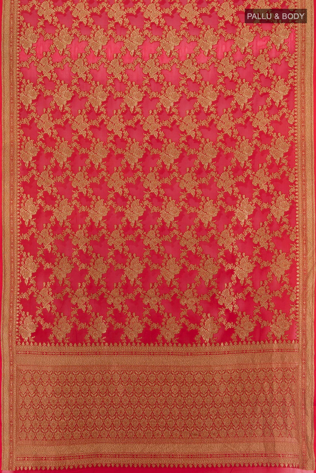 Flat view of Red Banarasi Georgette Saree with Zari Brocade on the body and Zari Border. 