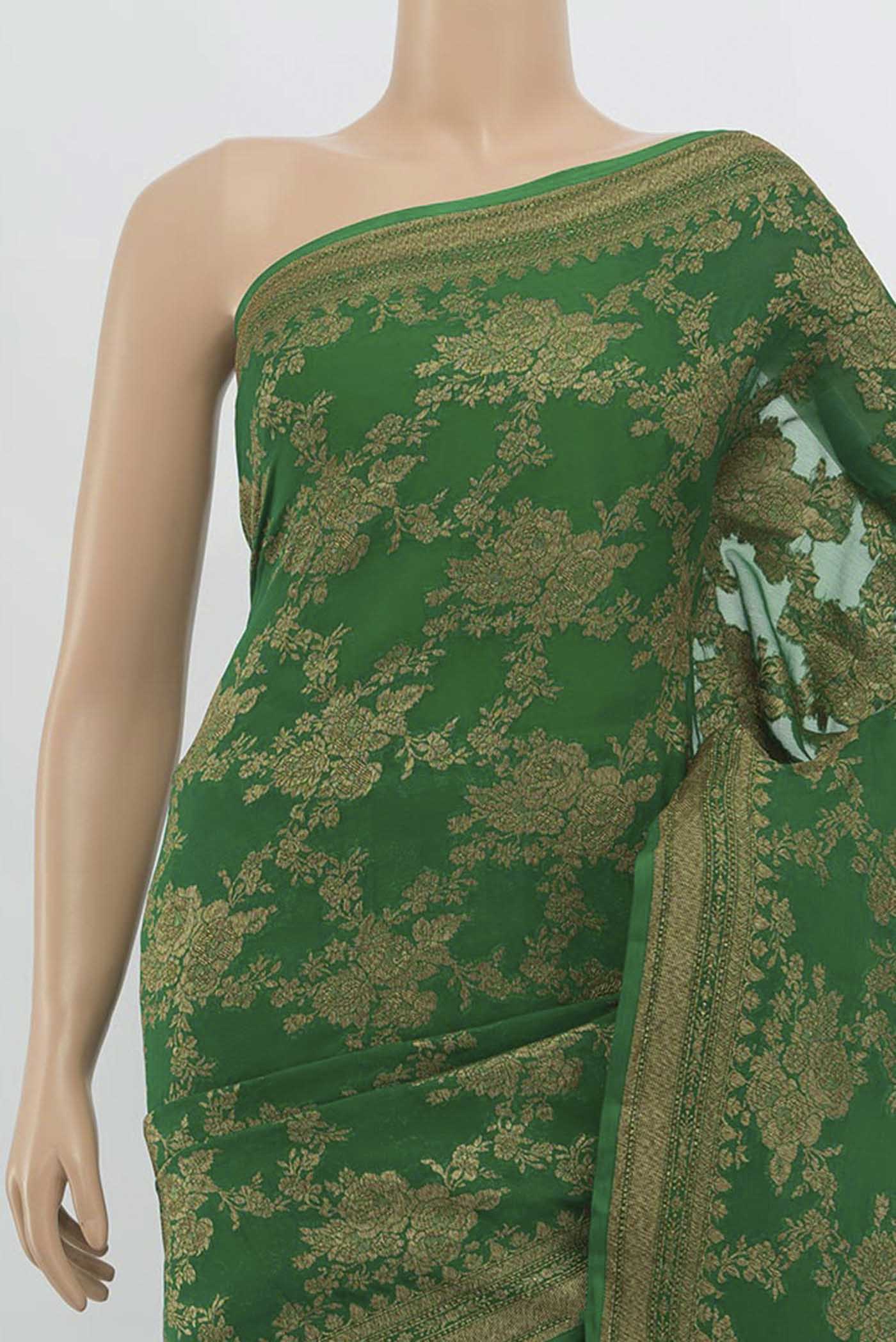 Border image of Green Banarasi Georgette Saree with Zari Butta on the body and Silk Border. 