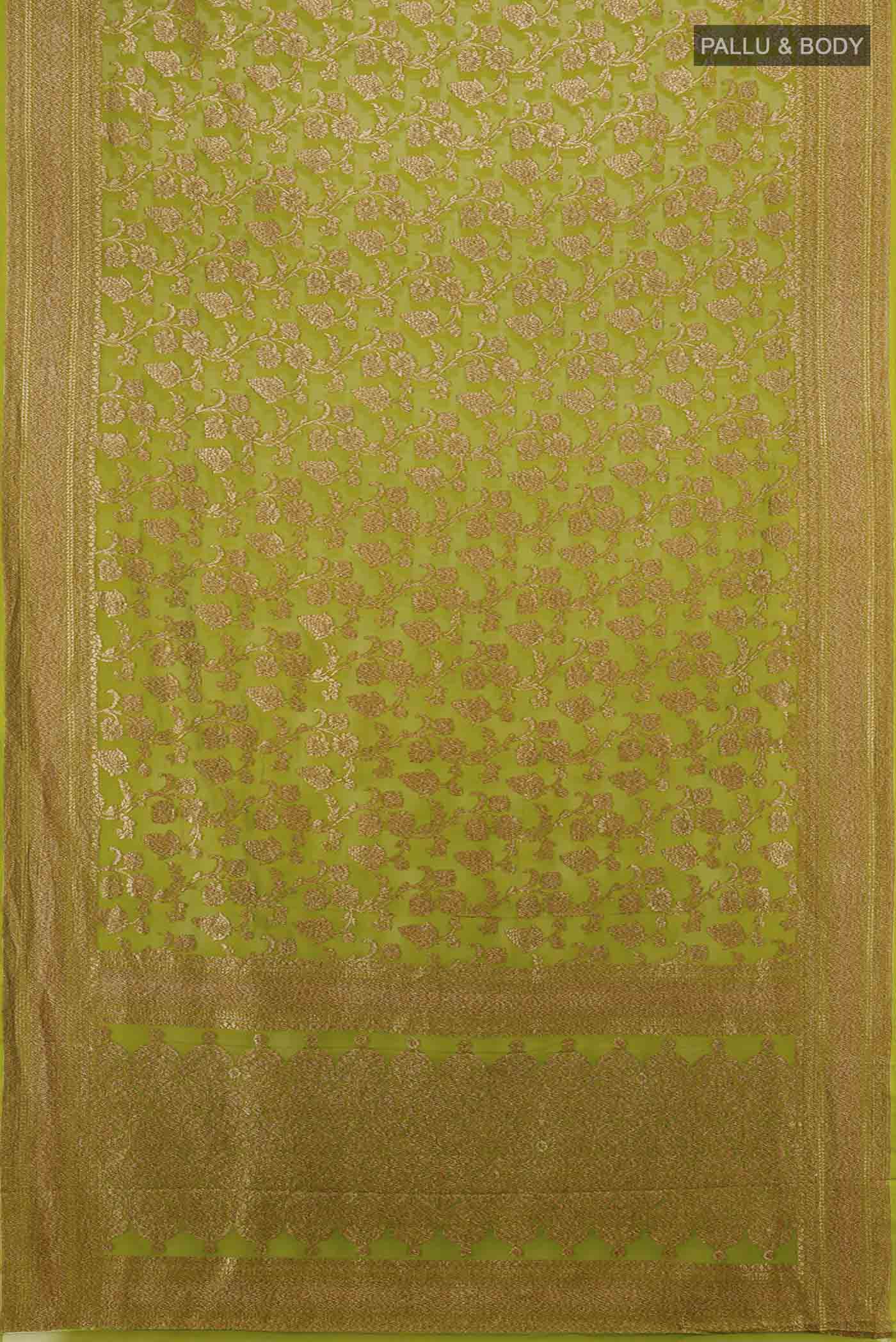 Flat view of Light Green Banarasi Georgette Saree with Zari Butta on the body and Silk Border. 