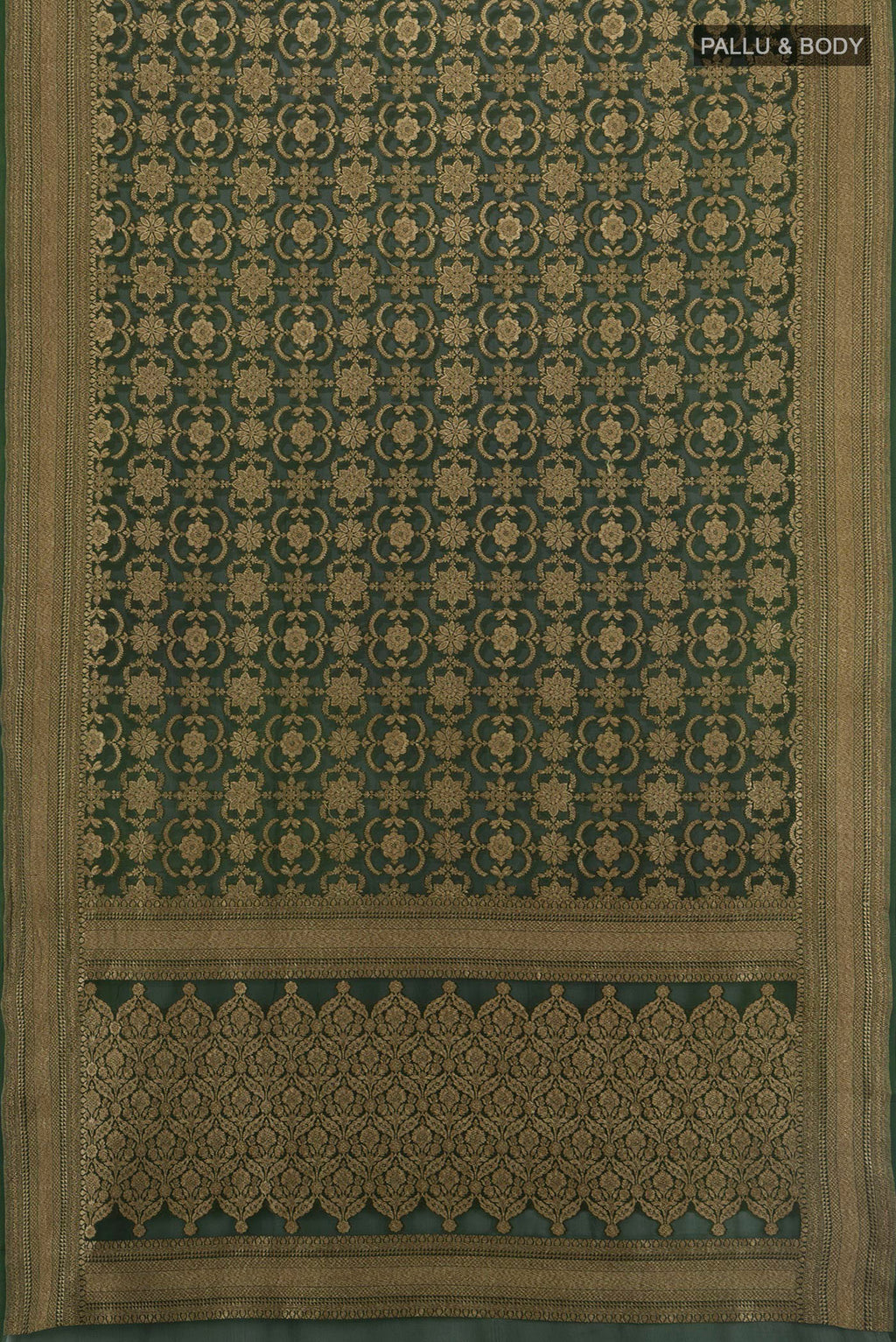 Flat view of Sea Green Banarasi Georgette Saree with Zari Butta on the body and Silk Border. 