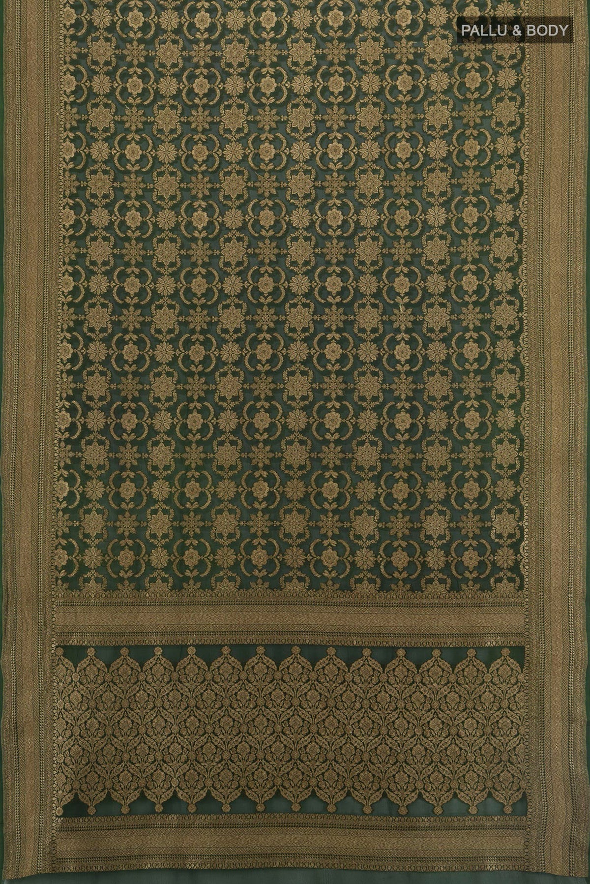 Flat view of Sea Green Banarasi Georgette Saree with Zari Butta on the body and Silk Border. 