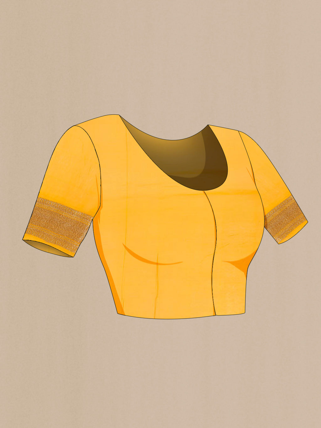 Close up image of the blouse of Mustard Banarasi Georgette Saree with Zari Butta on the body and Silk Border. 