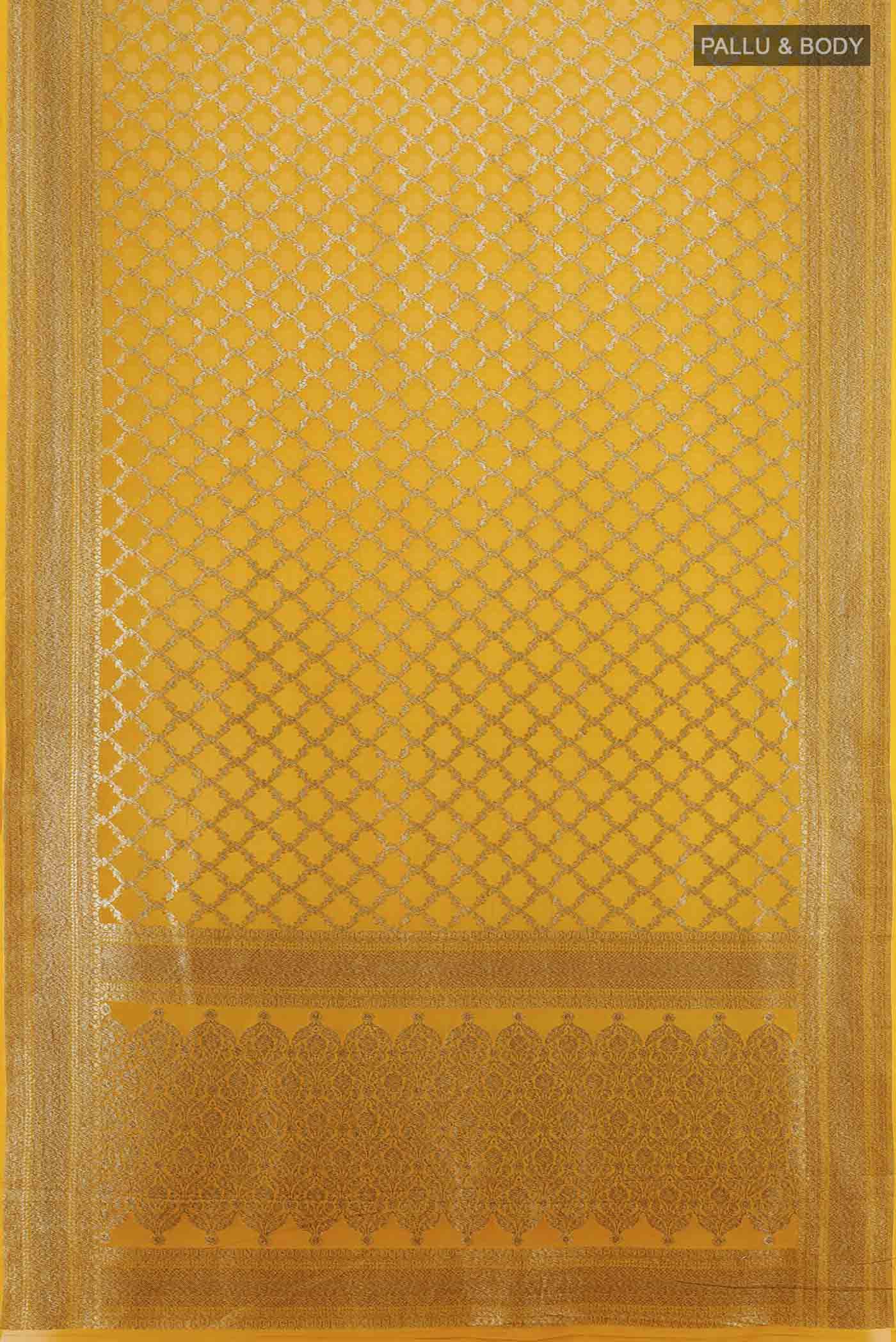 Flat view of Mustard Banarasi Georgette Saree with Zari Butta on the body and Silk Border. 