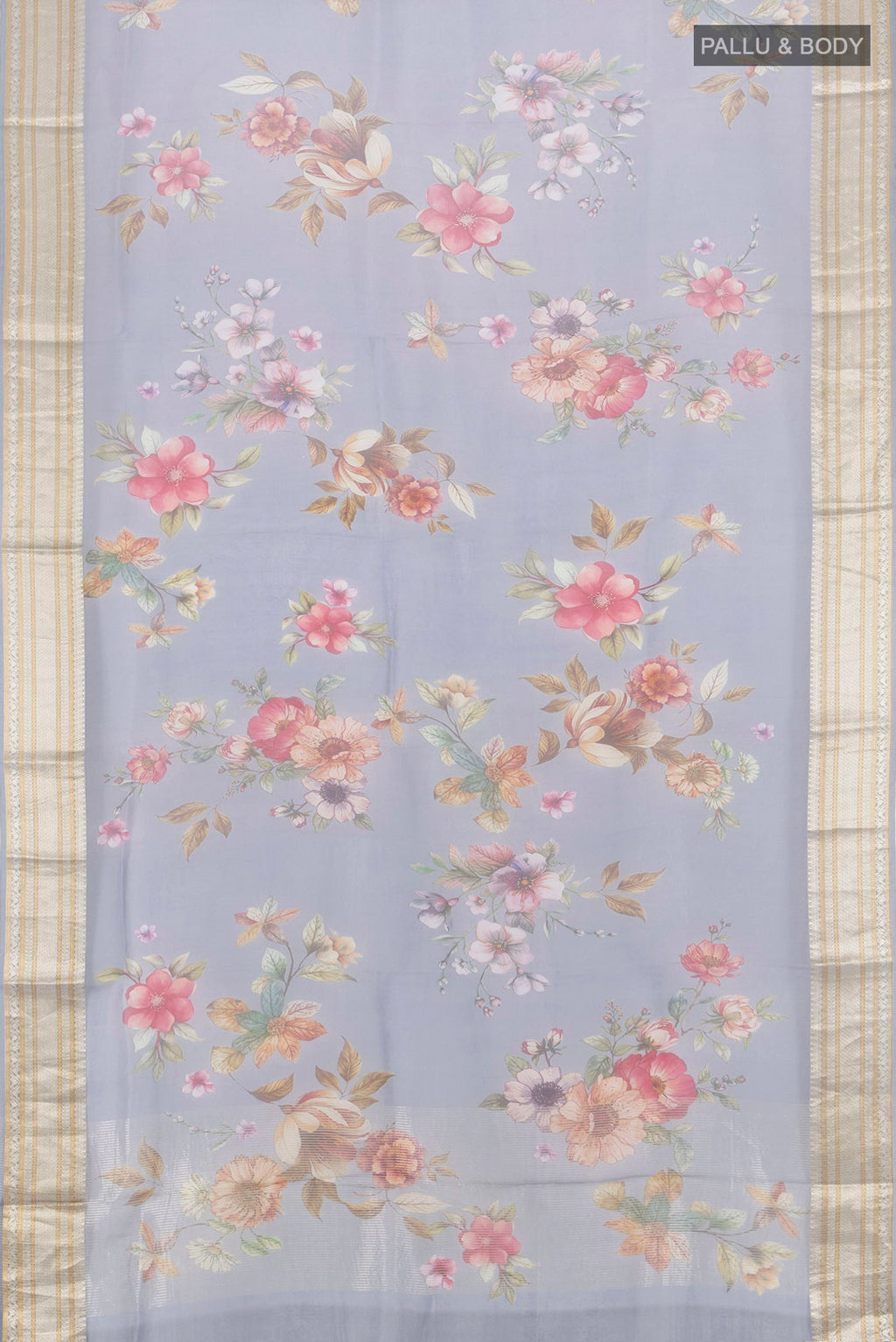 Flat view of Davys Grey Organza Silk Saree with Floral Print on the body and Zari Border. 