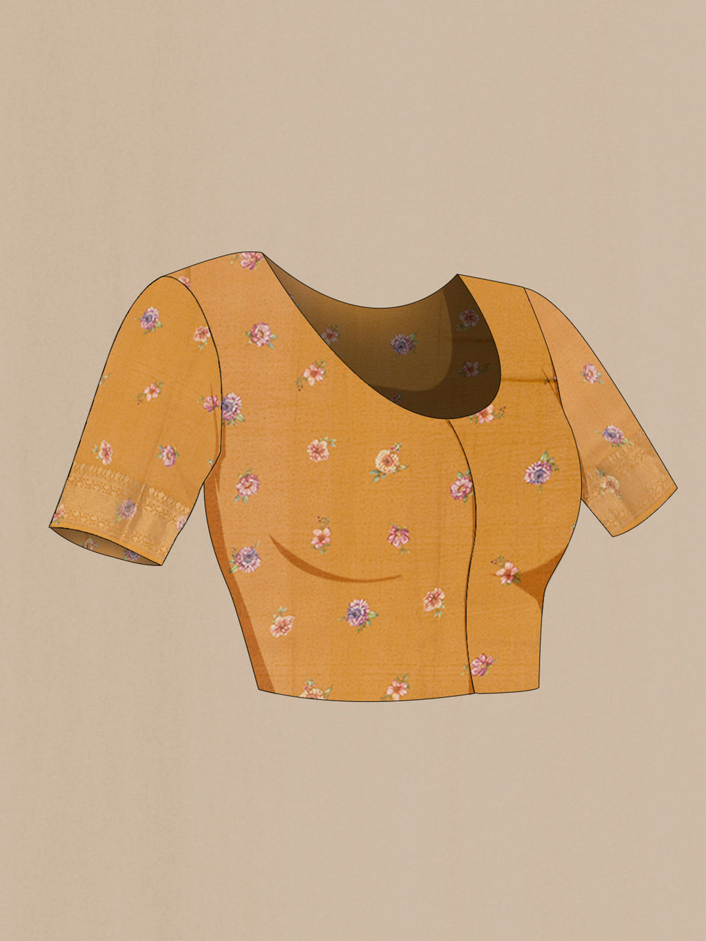 Close up image of the blouse of Mustard Organza Silk Saree with Floral Print on the body and Zari Border. 