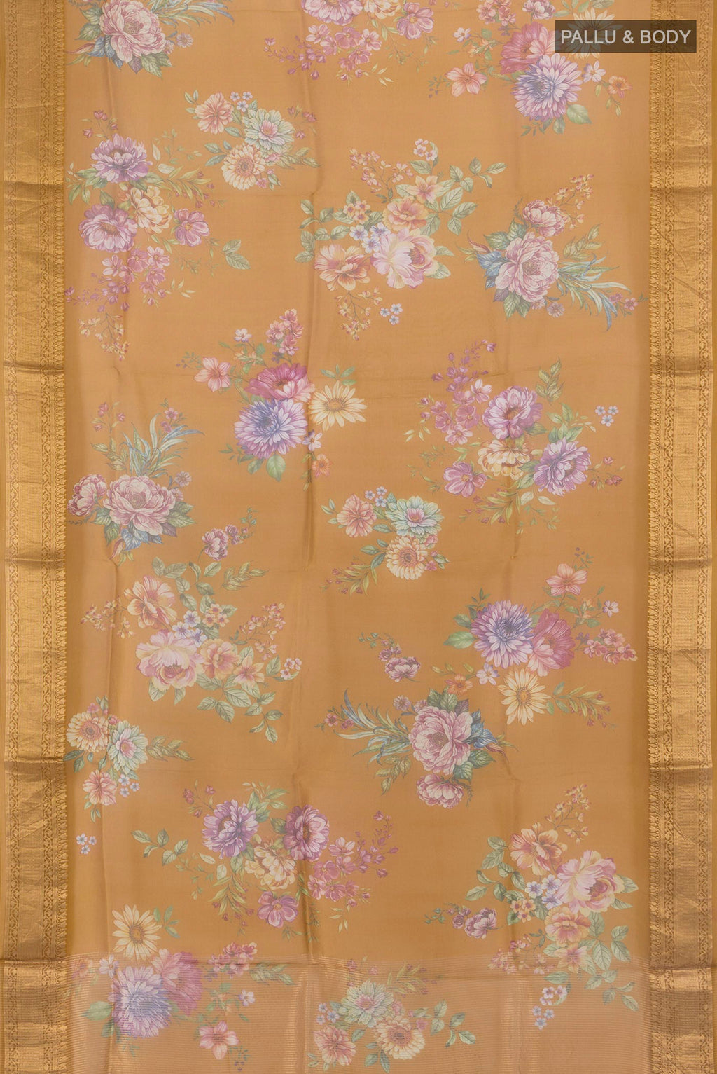 Flat view of Mustard Organza Silk Saree with Floral Print on the body and Zari Border. 