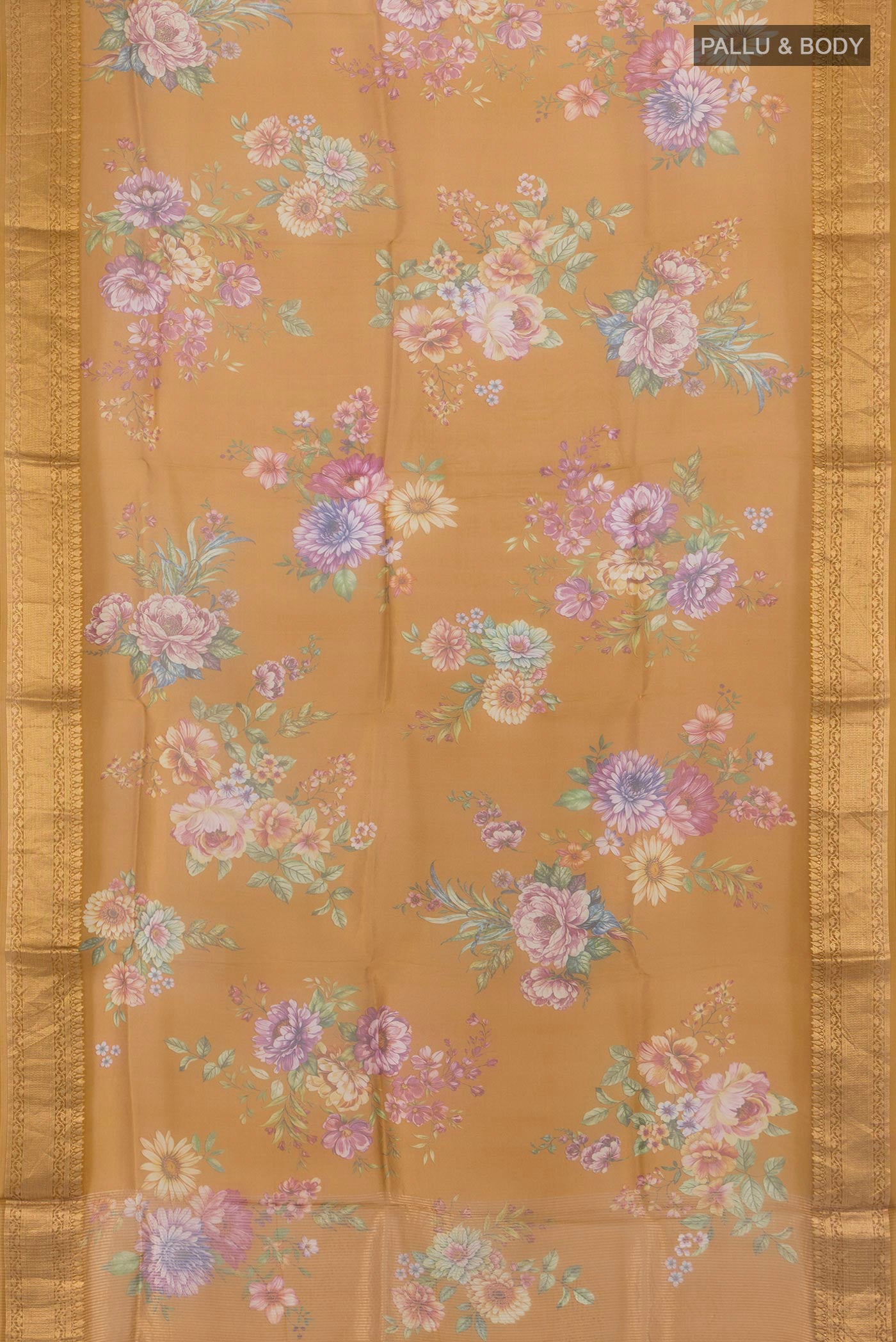 Flat view of Mustard Organza Silk Saree with Floral Print on the body and Zari Border. 