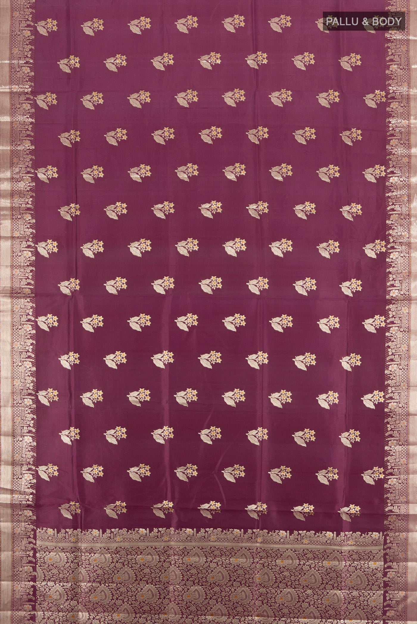 Flat view of Pure Silk Pure Zari Teal Banarasi Raw Saree with Zari Butta on the body and Silk Border. 