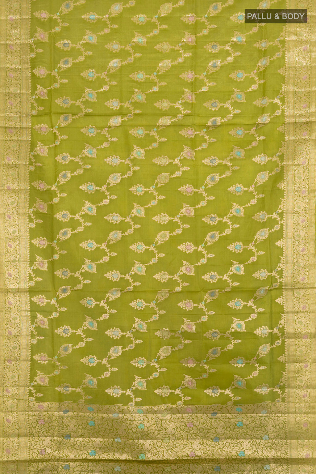 Flat view of Light Green Banarasi Tussar Silk Saree with Zari And Thread Butta on the body and Zari Border. 