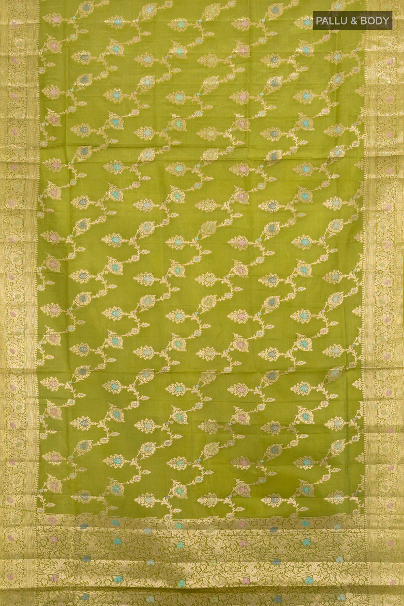 Flat view of Light Green Banarasi Tussar Silk Saree with Zari And Thread Butta on the body and Zari Border. 