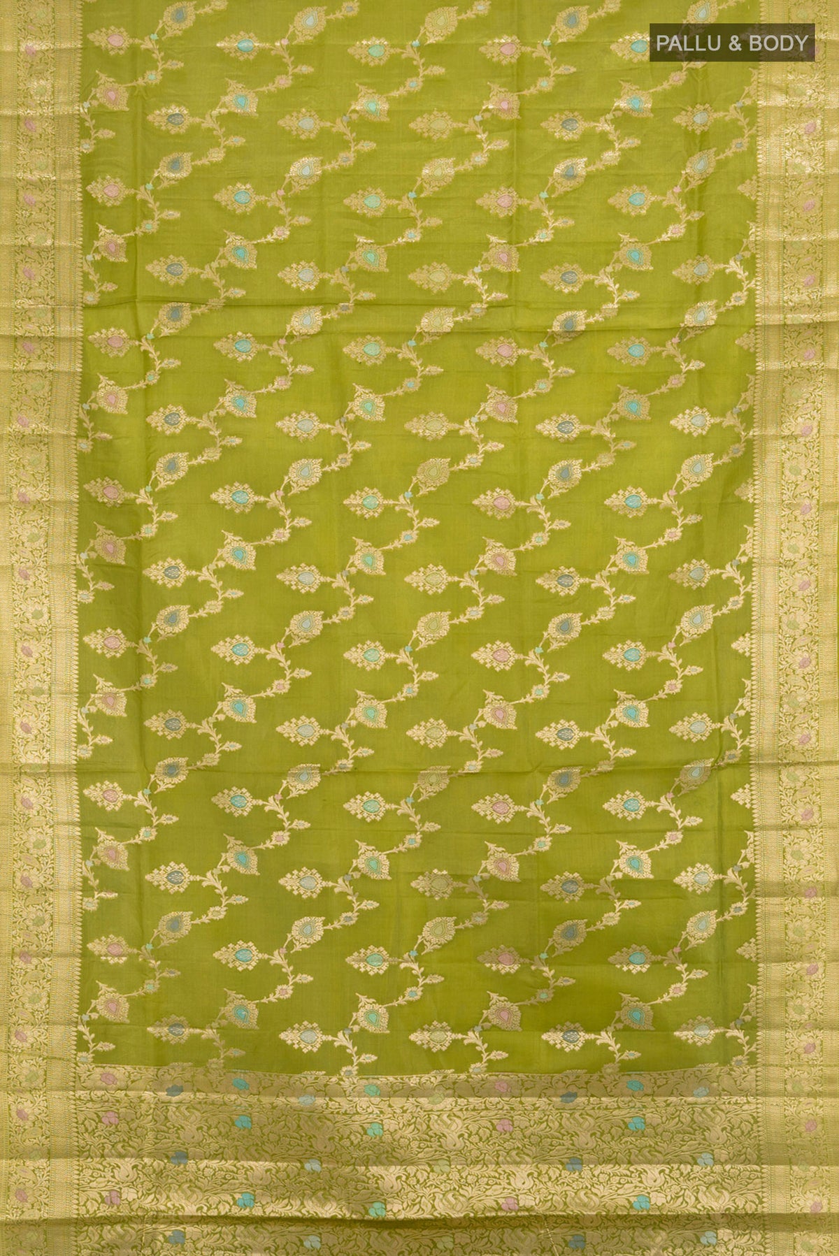 Flat view of Light Green Banarasi Tussar Silk Saree with Zari And Thread Butta on the body and Zari Border. 