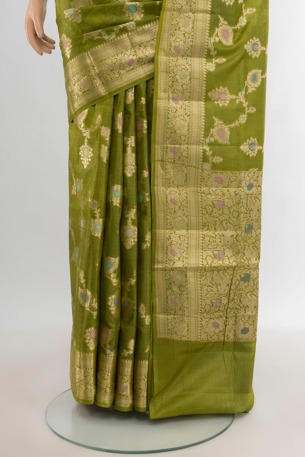 Pleats and pallu of Light Green Banarasi Tussar Silk Saree with Zari And Thread Butta on the body and Zari Border. 