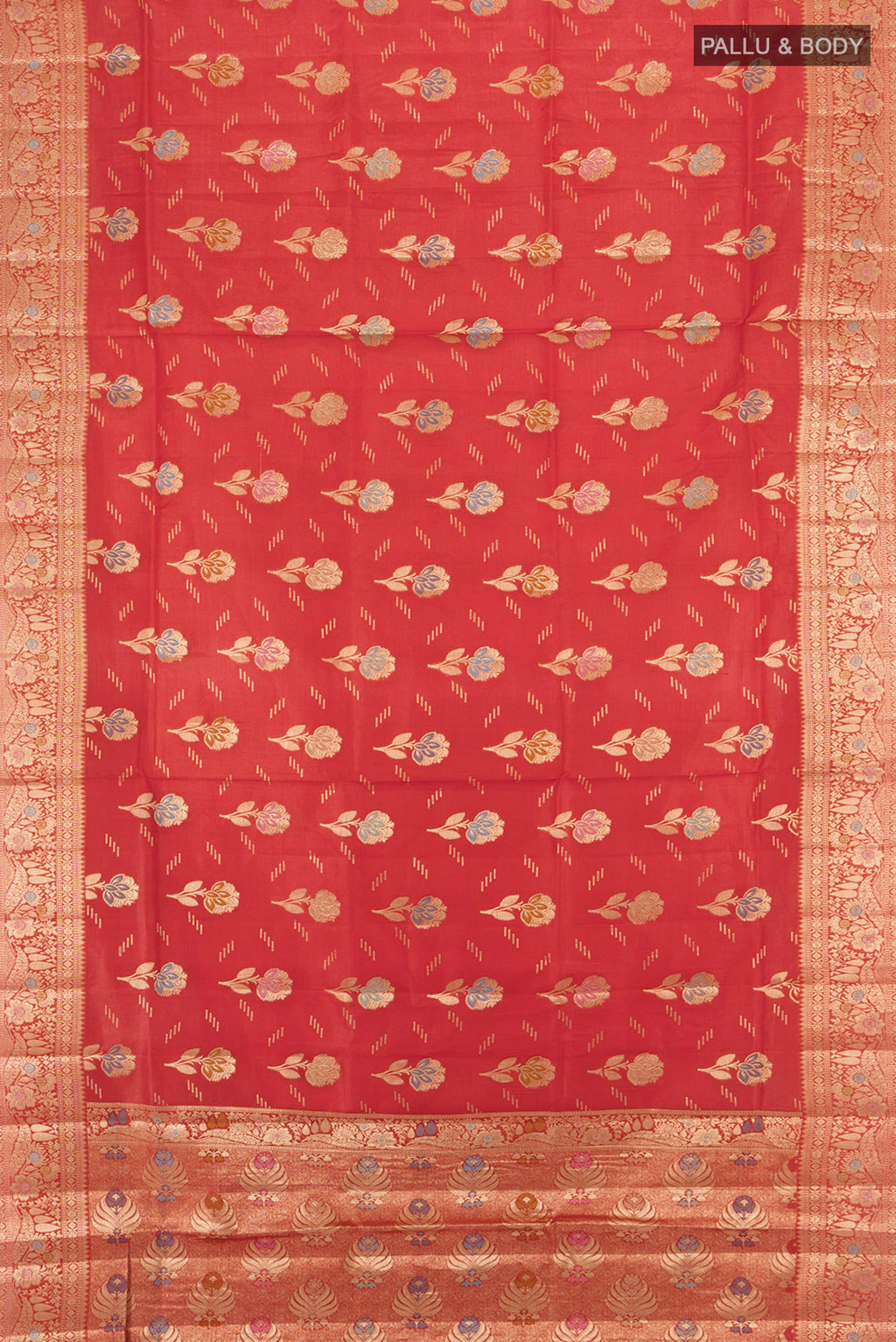 Flat view of Rust Banarasi Raw Silk Saree with Zari And Thread Butta on the body and Zari Border. 