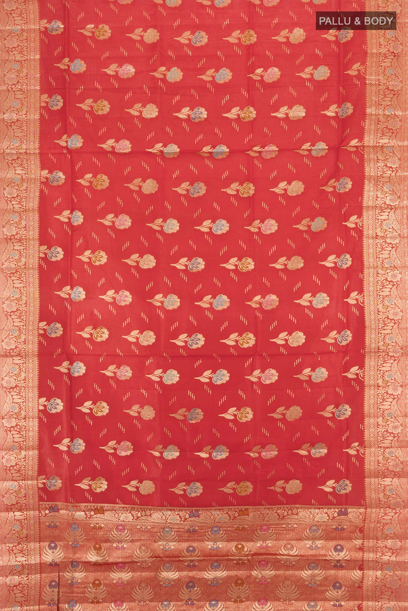 Flat view of Rust Banarasi Raw Silk Saree with Zari And Thread Butta on the body and Zari Border. 
