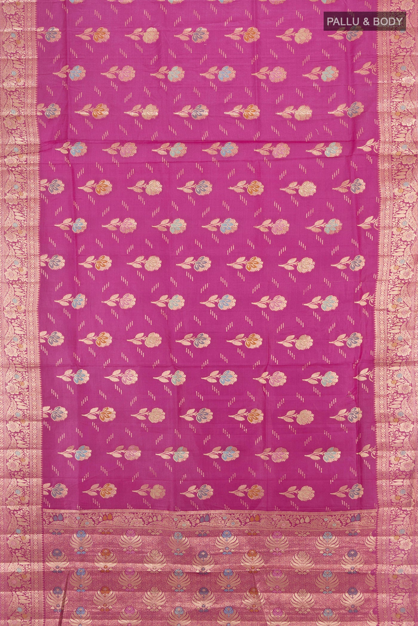 Flat view of Magenta Banarasi Tussar Silk Saree with Zari Butta on the body and Zari Border. 