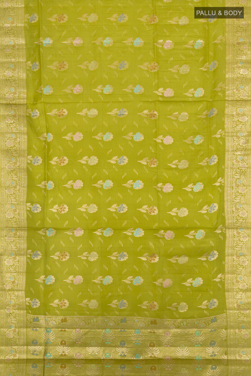 Flat view of Light Green Banarasi Tussar Silk Saree with Zari Butta on the body and Zari Border. 