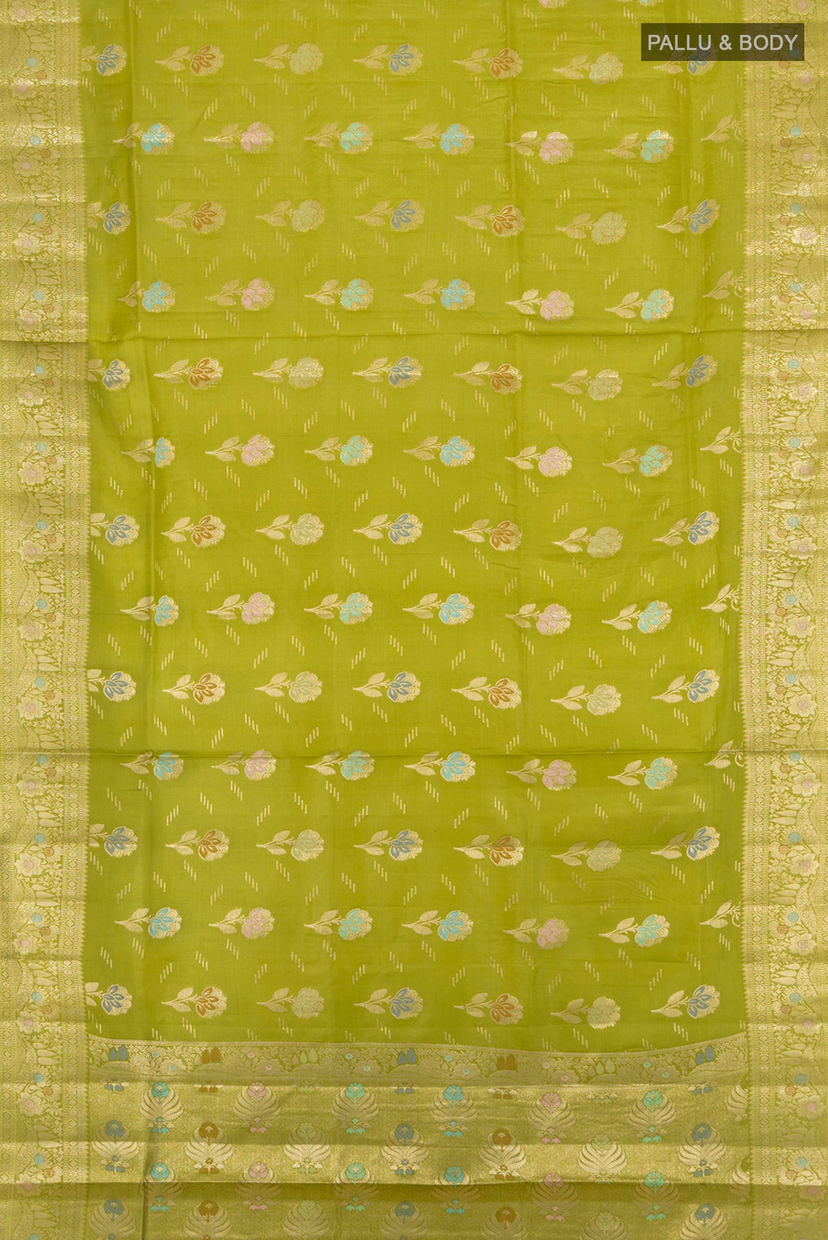 Flat view of Light Green Banarasi Tussar Silk Saree with Zari Butta on the body and Zari Border. 