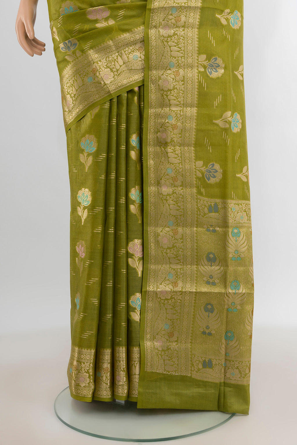 Pleats and pallu of Light Green Banarasi Tussar Silk Saree with Zari Butta on the body and Zari Border. 