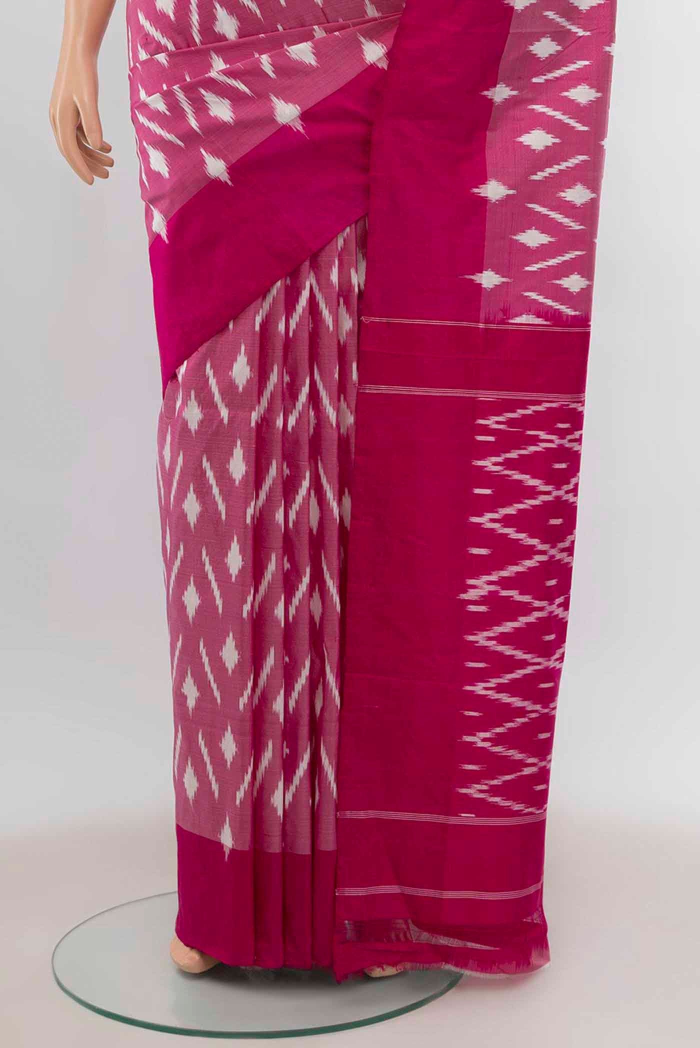 Pleats and pallu of Pink Pochampally Silk Saree with Pure Ikat on the body and Ikat Border