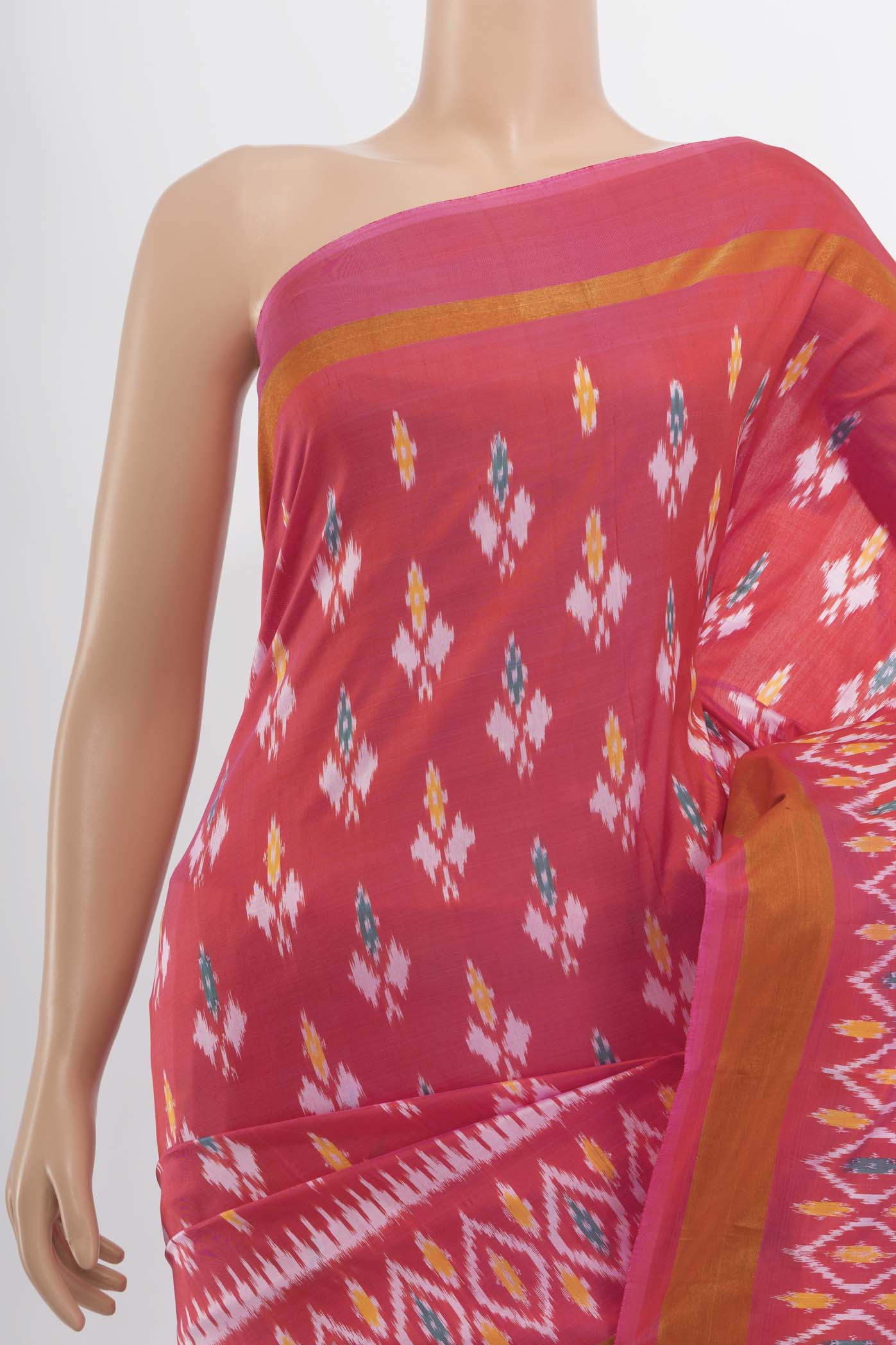 Border image of Rose pink Pochampally Saree with Ikat Print on the body and Silk Border. 
