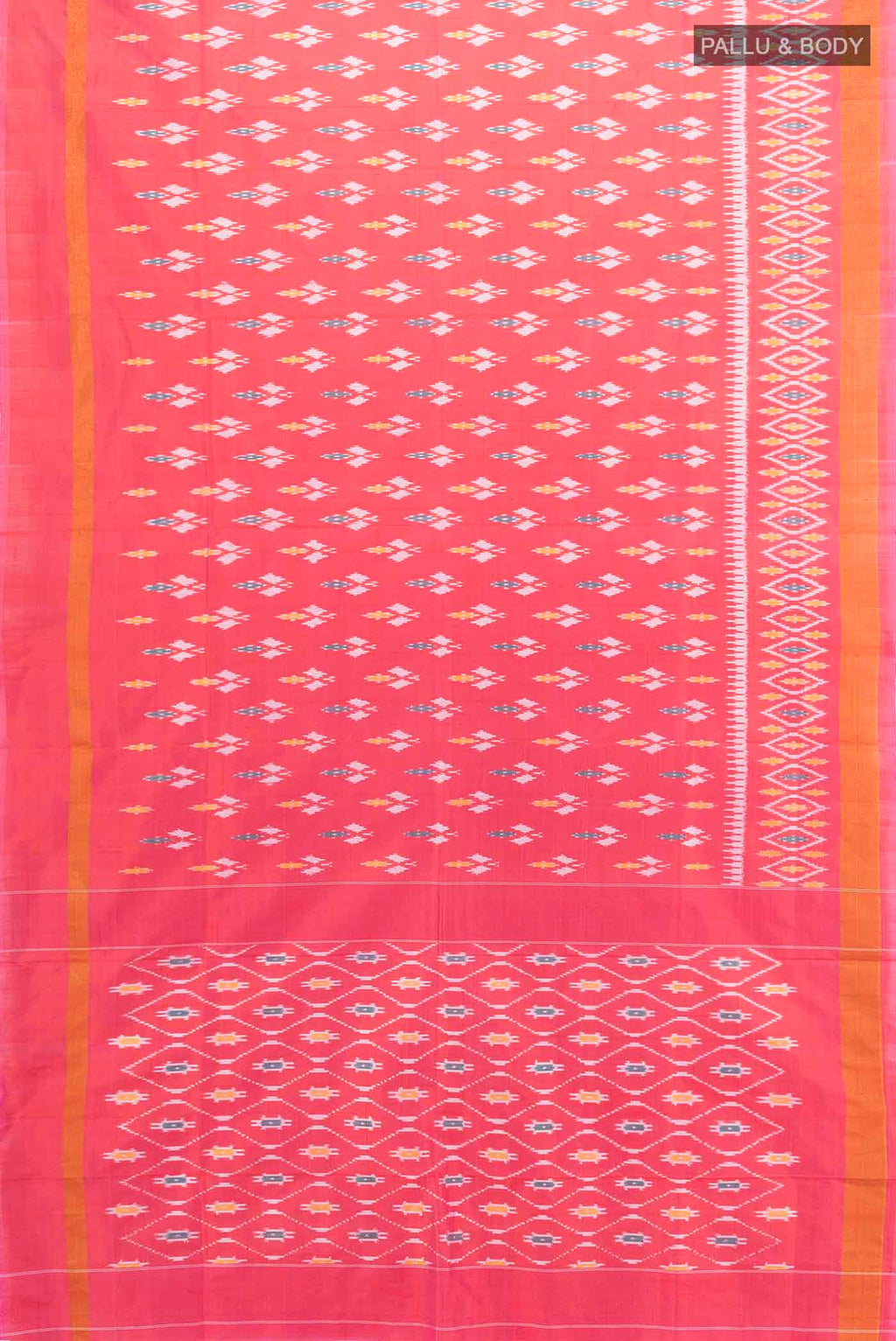 Flat view of Rose pink Pochampally Saree with Ikat Print on the body and Silk Border. 