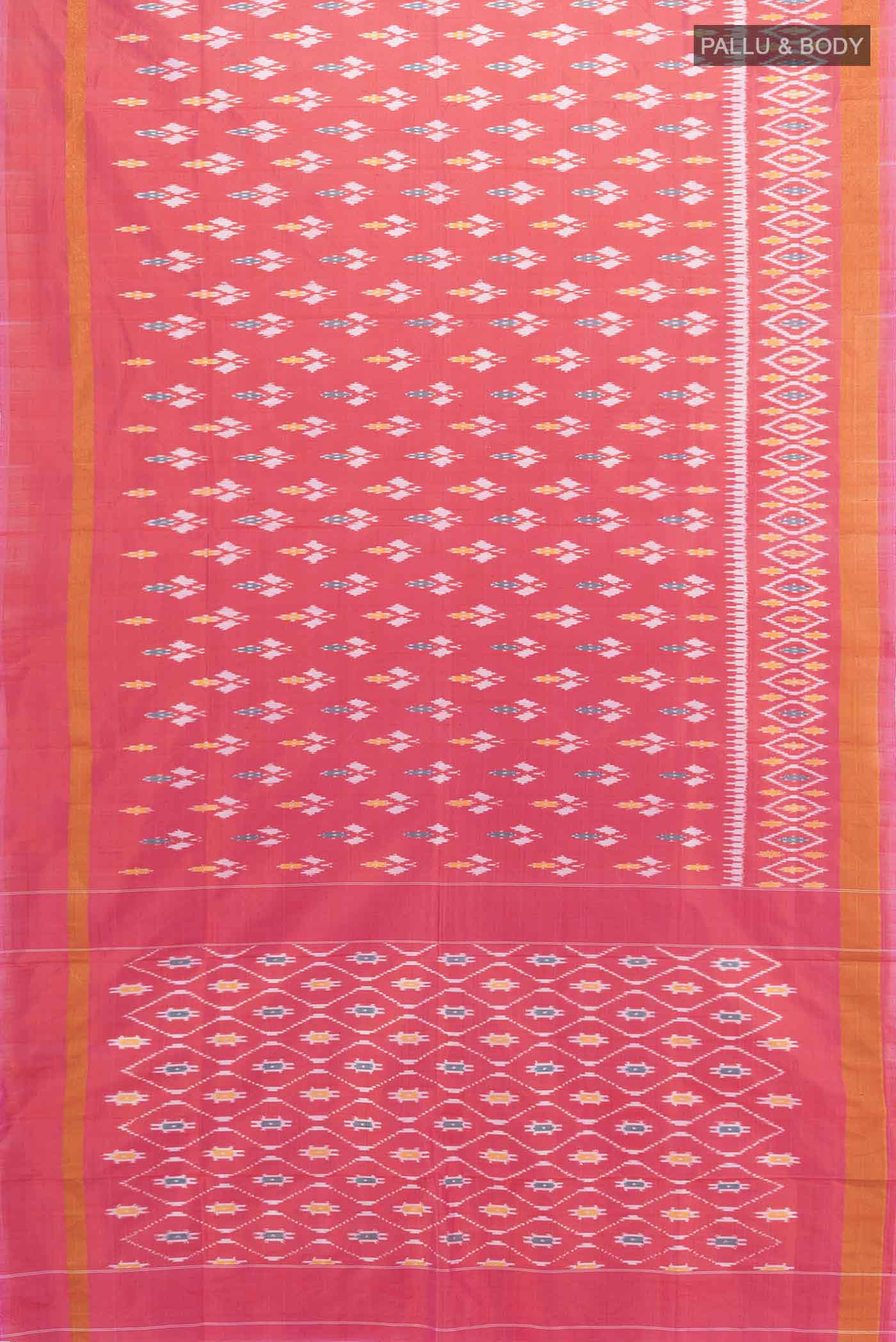 Flat view of Rose pink Pochampally Saree with Ikat Print on the body and Silk Border. 