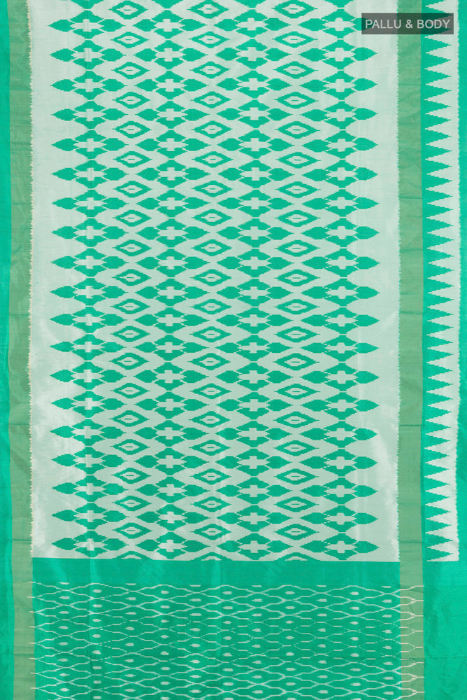 Flat view of Sky Blue Pochampally Saree with Ikat design on the body and Silk Border. 
