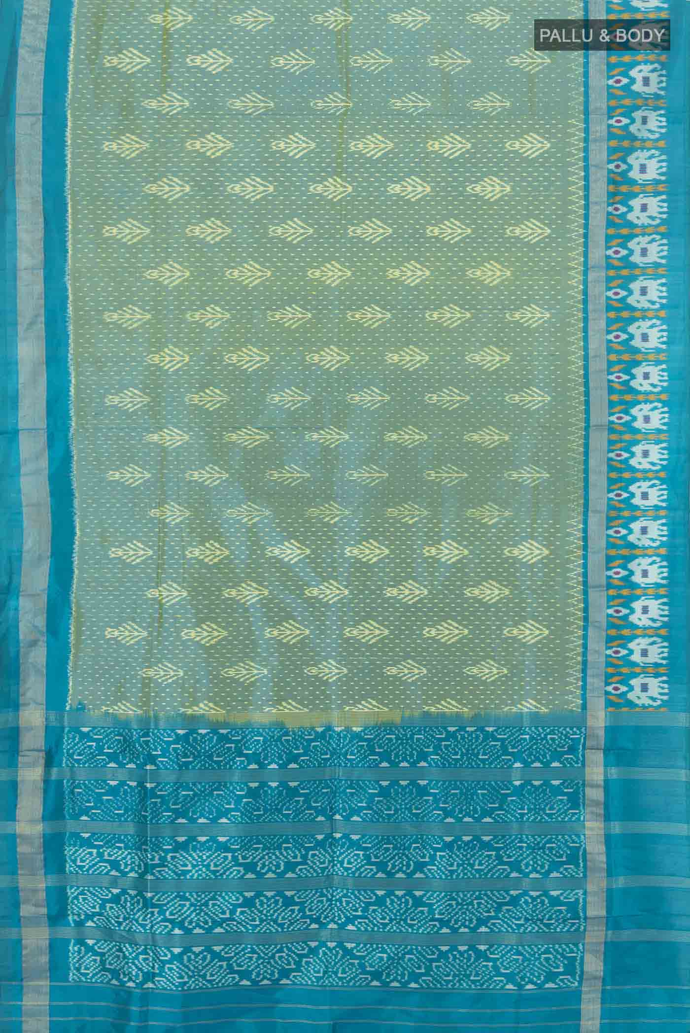 Flat view of Multi Color Pochampally Saree with Ikat Print on the body and Silk Border. 