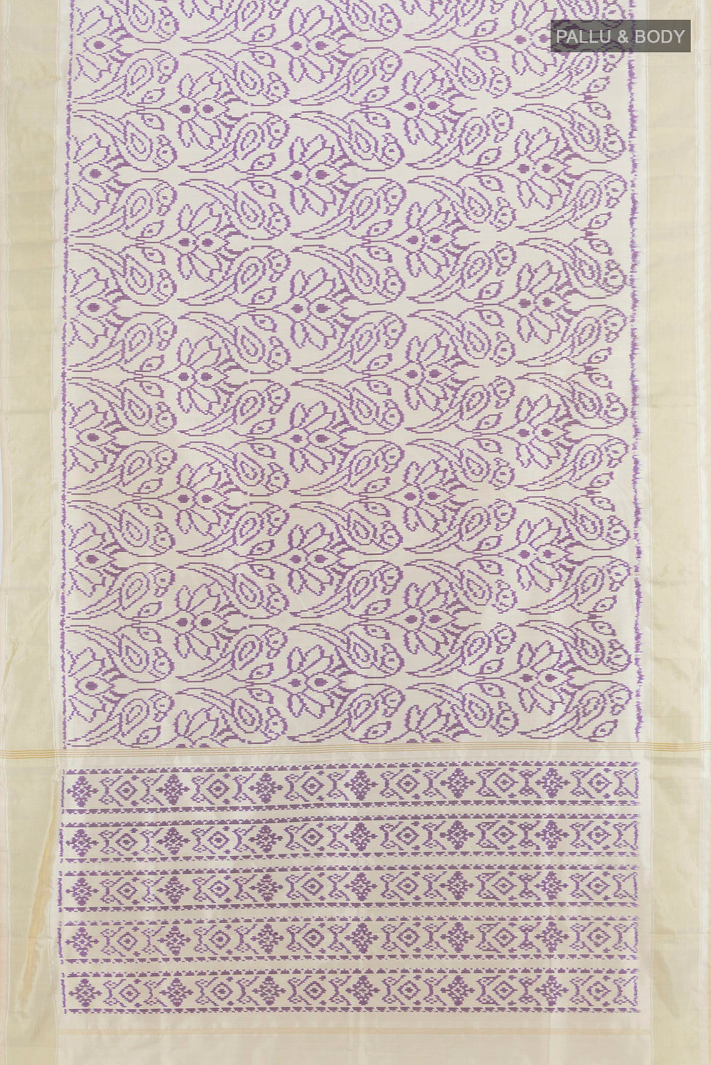 Flat view of Off White Pochampally Silk Saree with Pure Ikat on the body and Plain Border. 