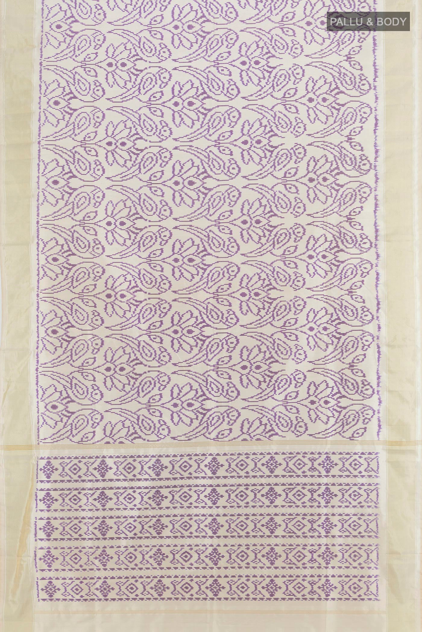 Flat view of Off White Pochampally Silk Saree with Pure Ikat on the body and Plain Border. 