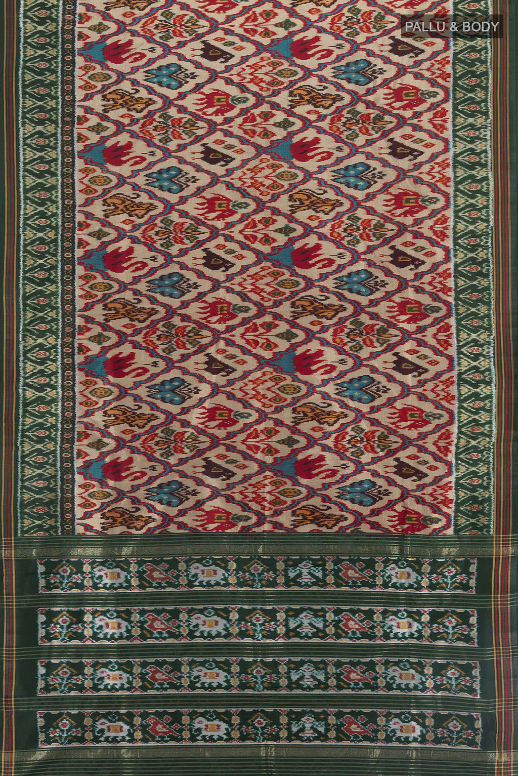 Flat view of Multi Color Pochampally Silk Saree with Pure Ikat on the body and Ikat Border. 