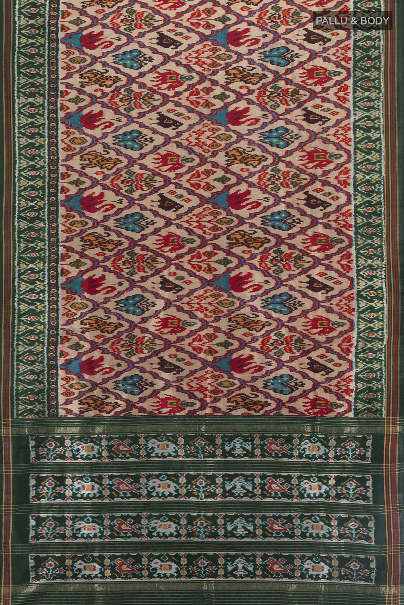 Flat view of Multi Color Pochampally Silk Saree with Pure Ikat on the body and Ikat Border. 