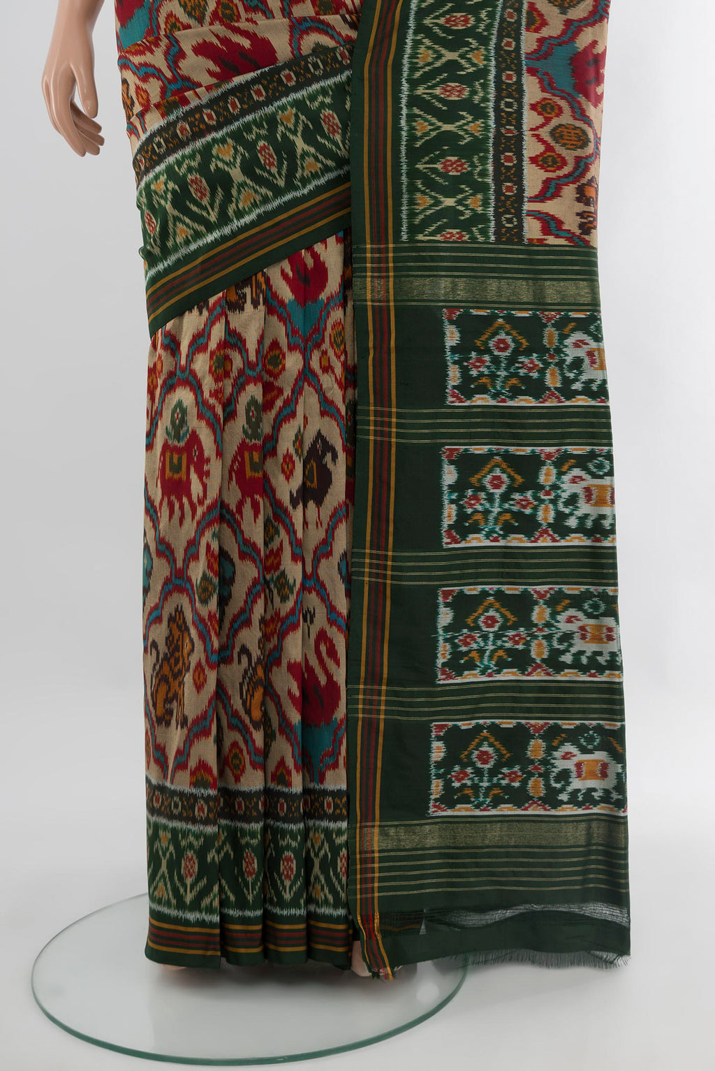 Pleats and pallu of Multi Color Pochampally Silk Saree with Pure Ikat on the body and Ikat Border. 