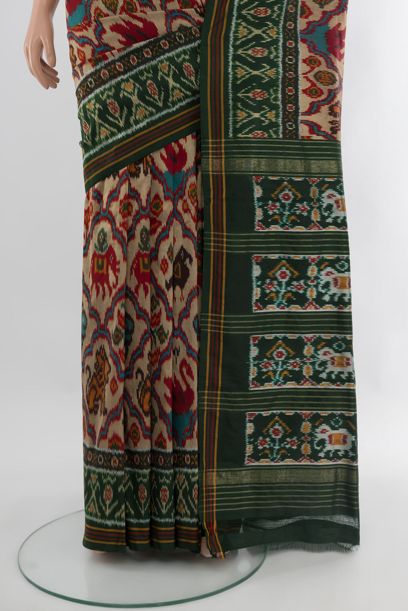 Pleats and pallu of Multi Color Pochampally Silk Saree with Pure Ikat on the body and Ikat Border. 