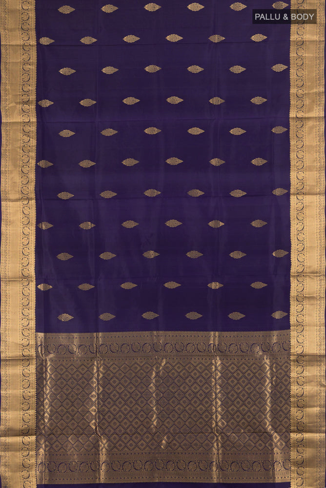 Flat view of Navy Blue Soft Silk Saree with Zari Butta on the body and Silk Border. 
