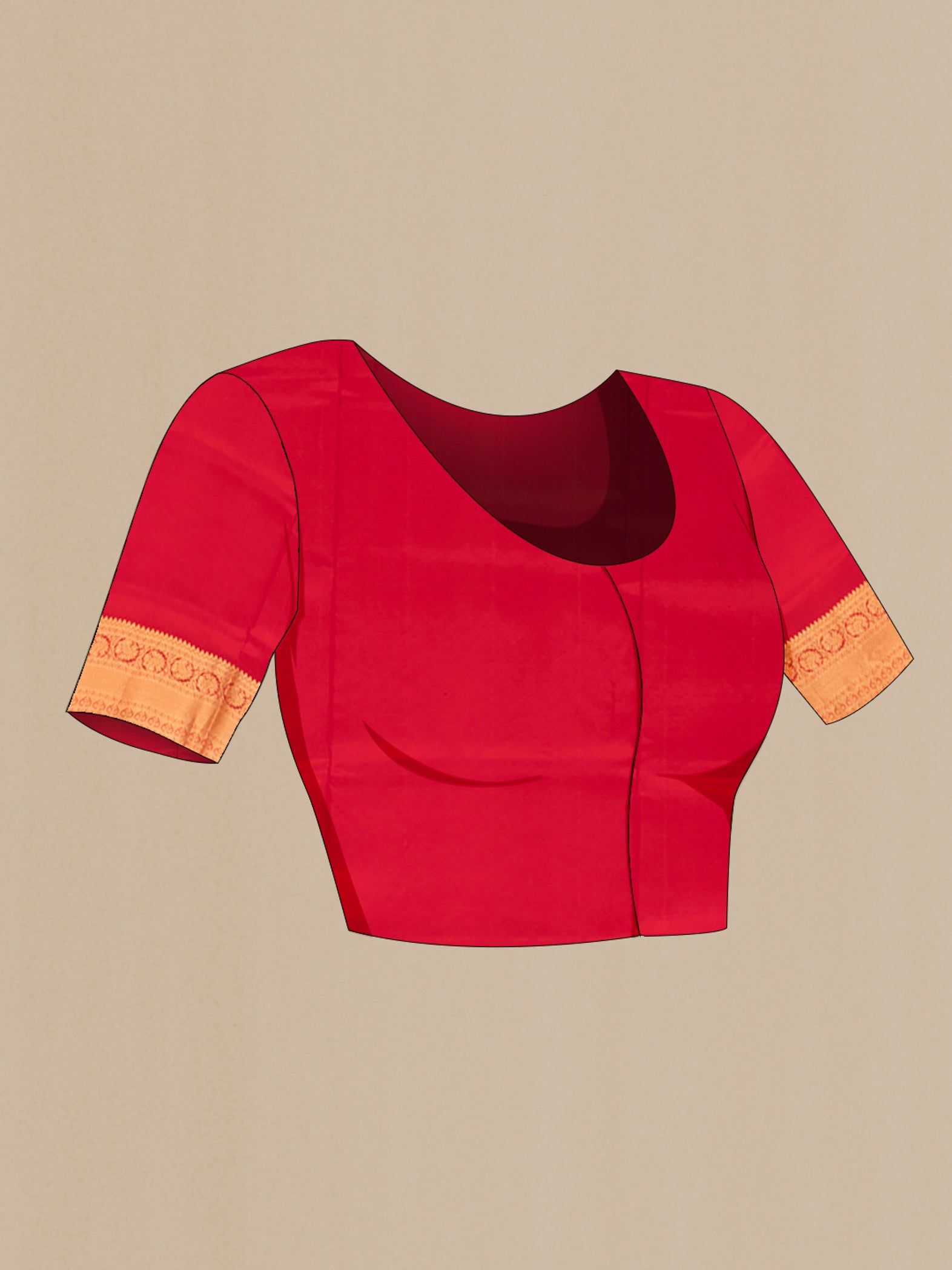 Close up image of the blouse of Red Soft Silk Saree with Zari Butta on the body and Silk Border. 