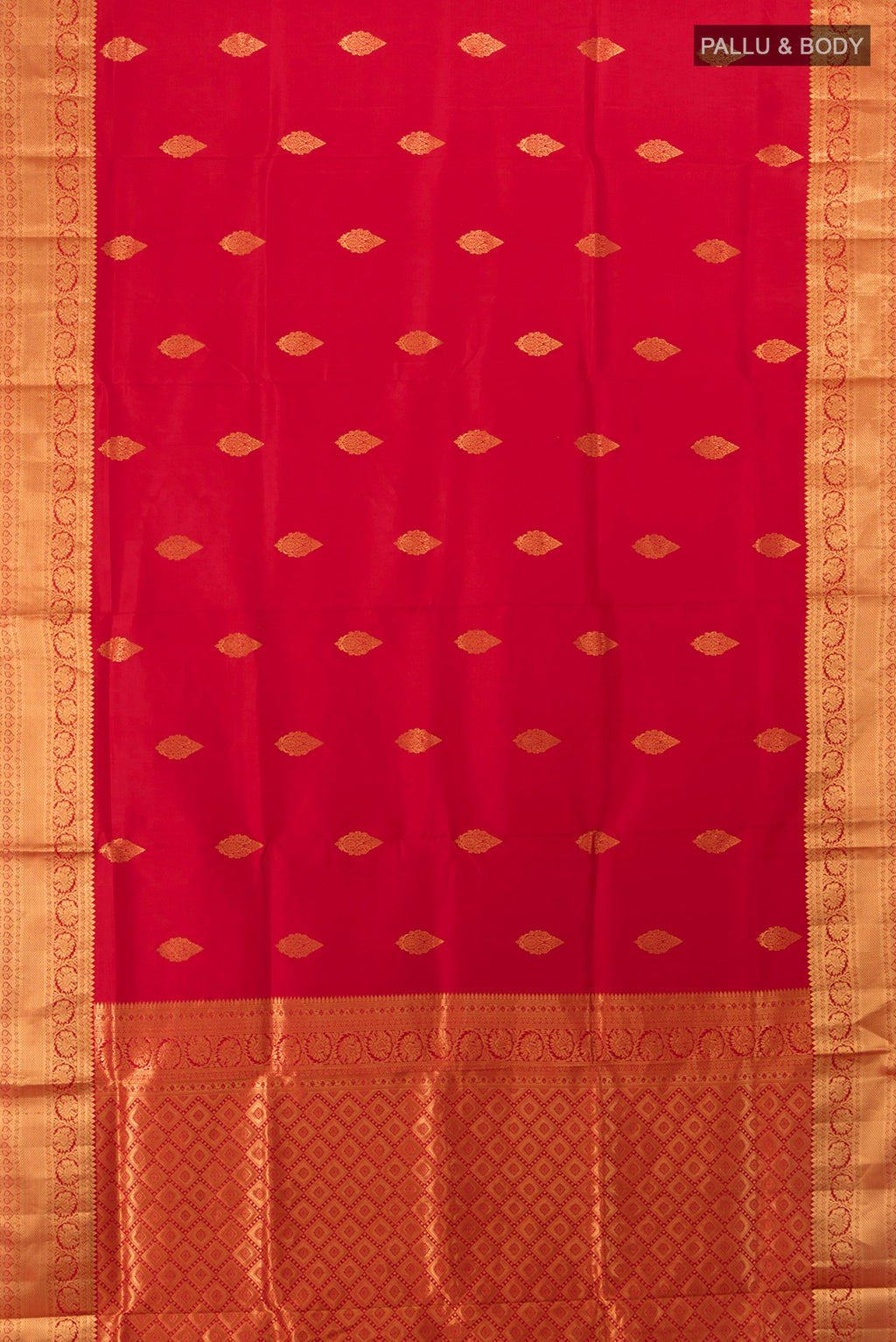 Flat view of Red Soft Silk Saree with Zari Butta on the body and Silk Border. 
