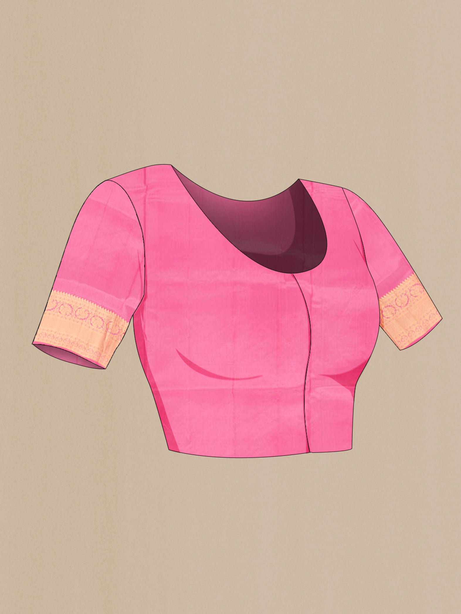 Close up image of the blouse of Rose Gold Soft Silk Saree with Zari Butta on the body and Silk Border. 