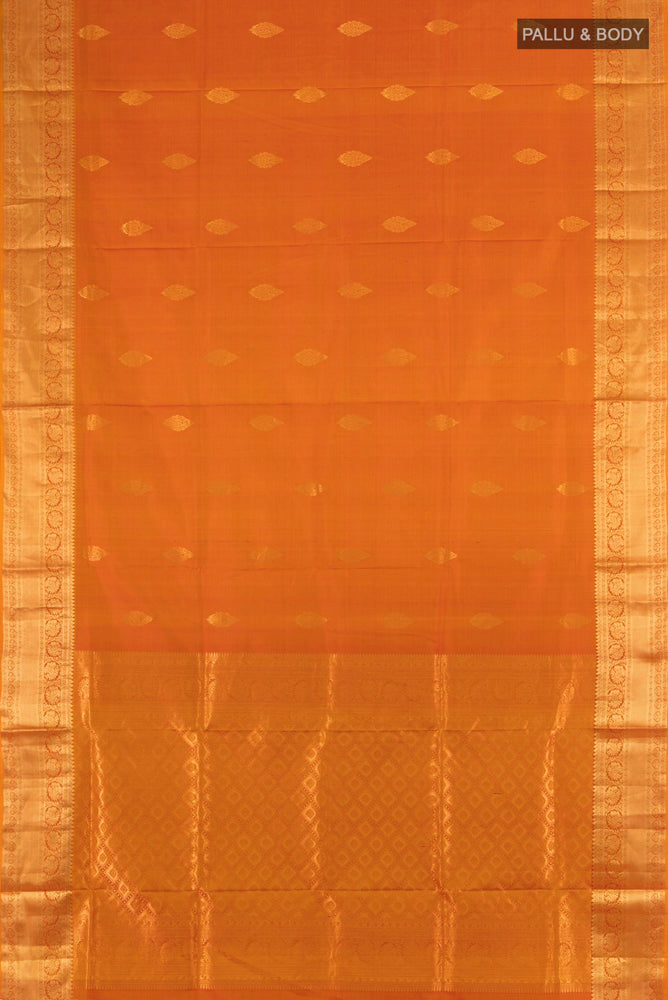 Flat view of Mustard Soft Silk Saree with Zari Butta on the body and Silk Border. 