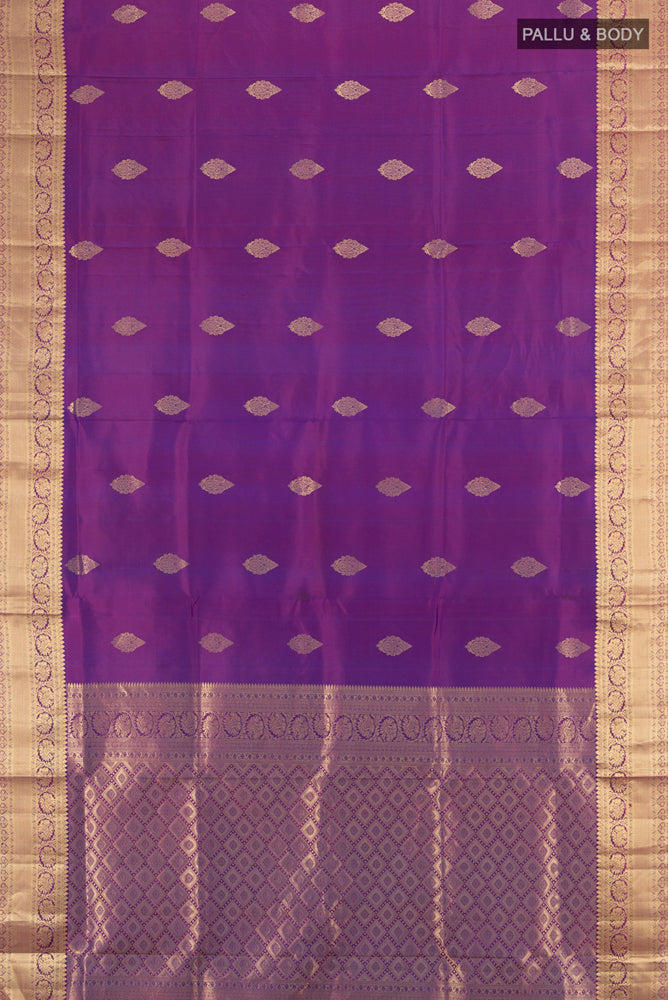 Flat view of Purple Soft Silk Saree with Zari Butta on the body and Silk Border. 