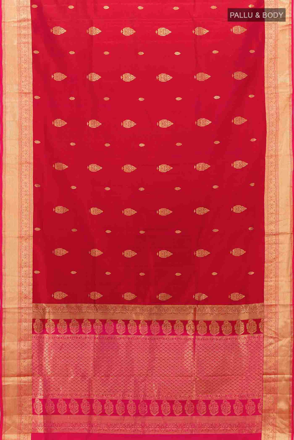 Flat view of Maroon Soft Silk Saree with Zari Butta on the body and Silk Border