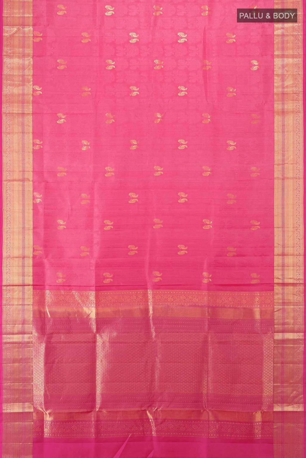 Flat view of Rose pink Soft Silk Saree with Zari Butta on the body and Silk Border. 