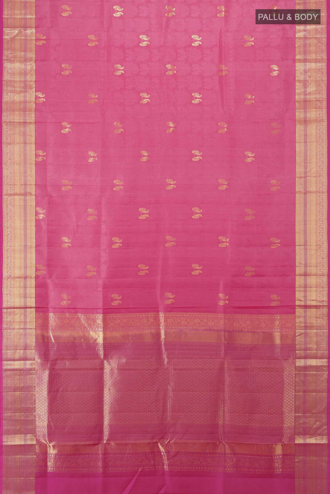 Flat view of Rose pink Soft Silk Saree with Zari Butta on the body and Silk Border. 