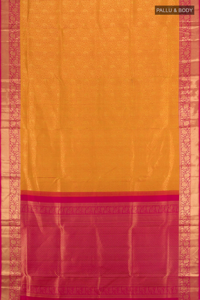 Flat view of Golden Kanchipuram Silk Saree with Zari Butta on the body and Silk Border. 