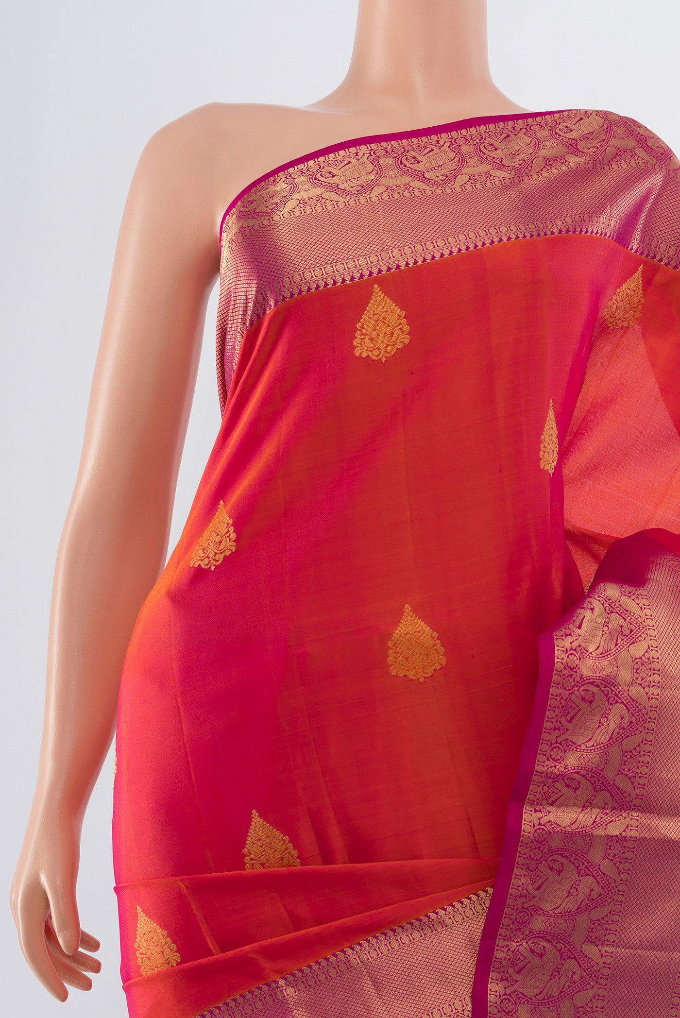 Border image of Golden Peach Soft Silk Saree with Zari Butta on the body and Silk Border. 